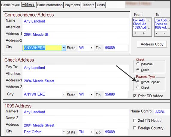 From winhap, choose Payee and lookup the landlord. Click on Direct Deposit under Payment Type.