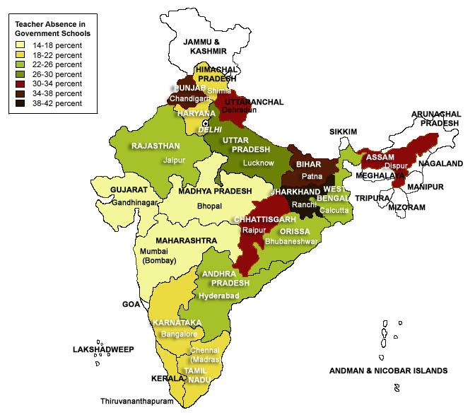 Absence rates in education in India State Maharashtra Gujarat Madhya Pradesh Kerala Himachal Pradesh Tamil Nadu Haryana Karnataka Orissa Rajasthan West Bengal Andhra Pradesh Uttar Pradesh