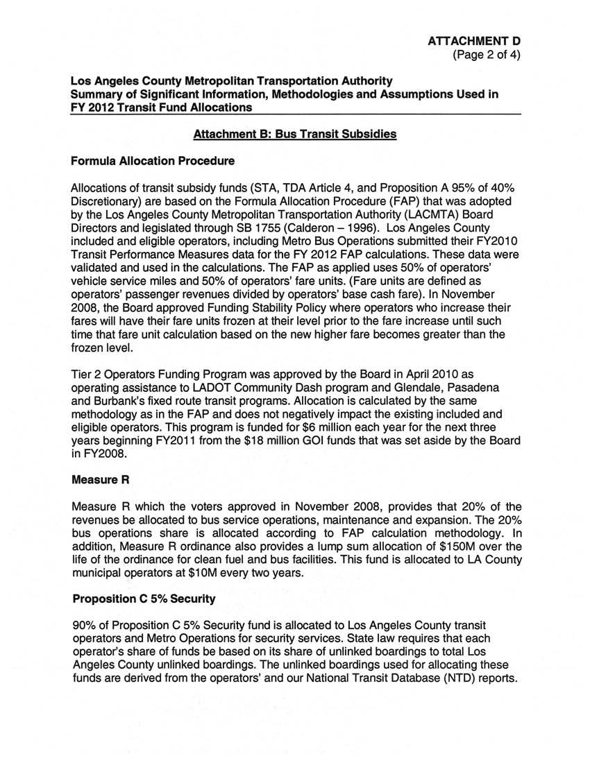 ATTACHMENT D (Page 2 of 4) Summary of Significant Information, Methodologies and Assumptions Used in FY 201 2 Transit Fund Allocations Formula Allocation Procedure Attachment B: Bus Transit Subsidies