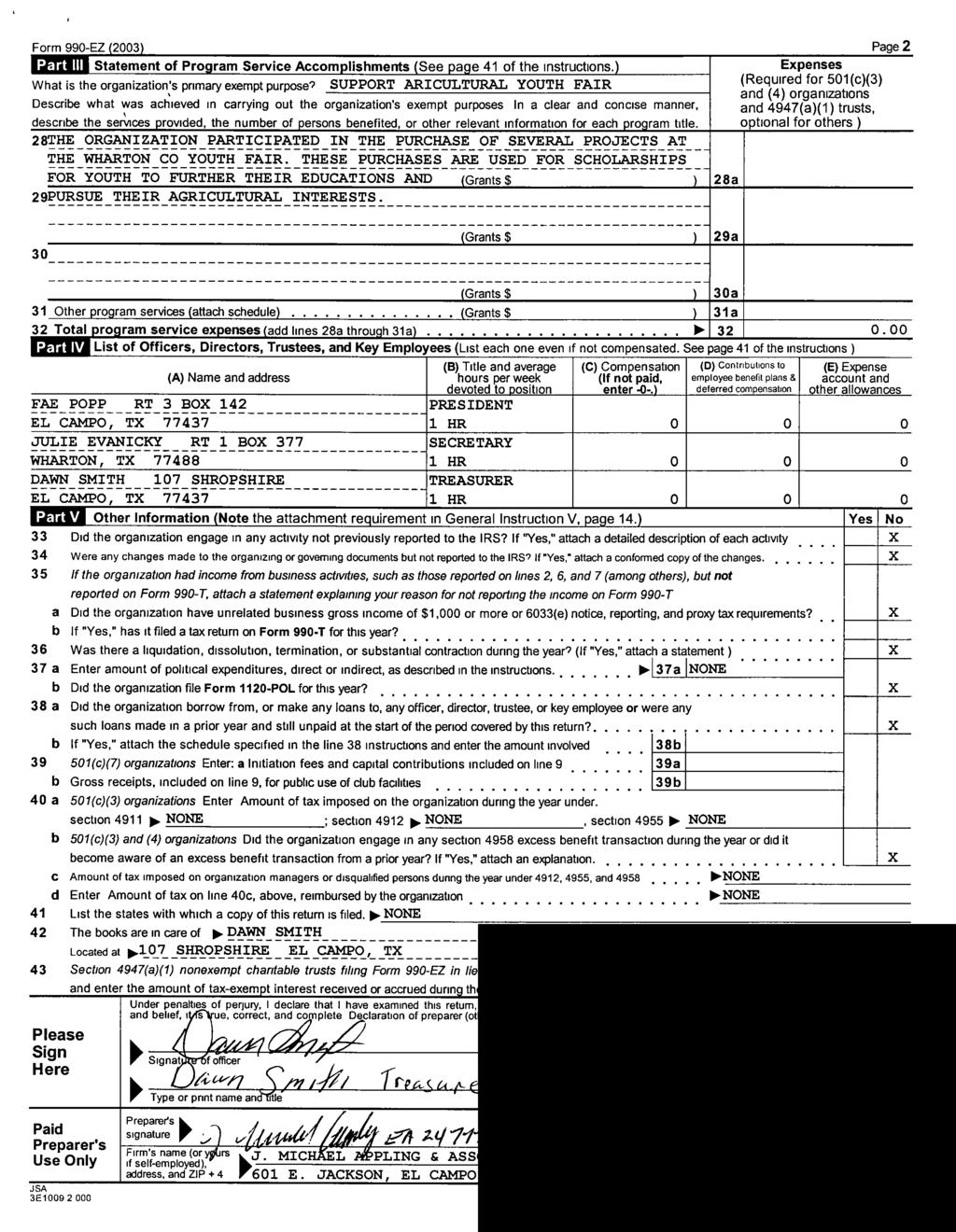 Form 990-EZ 2003 Statement of Pro gram Service Accomplishments See page 41 of the instructions.