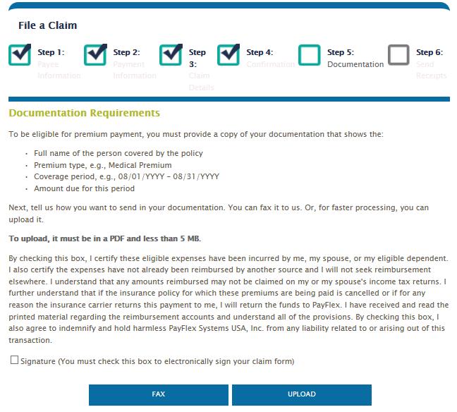 8. Check the signature box. Then choose how you want to submit your documents to us. You can upload a PDF document, JPG, GIF or PNG from your computer. Or, fax it to us.