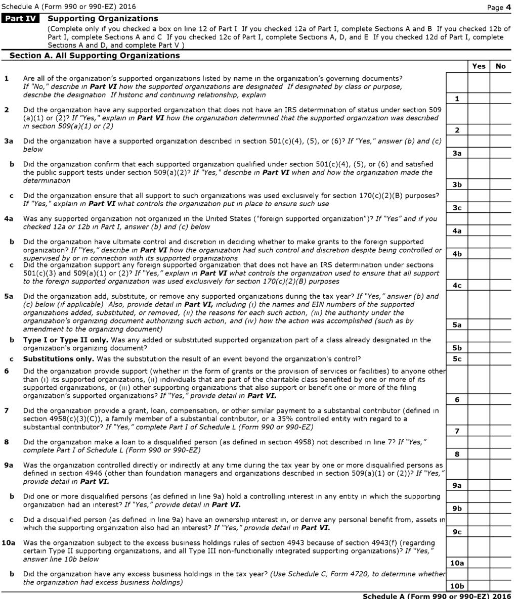 Schedule A (Form 990 or 990-EZ) 2016 Page 4 Supporting Organizations (Complete only if you checked a box on line 12 of Part I If you checked 12a of Part I, complete Sections A and B If you checked