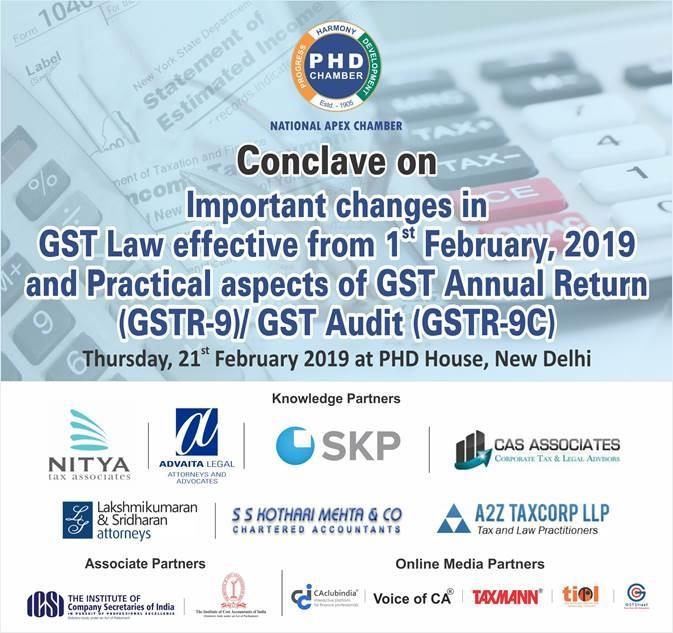We are happy to inform that the Indirect Taxes Committee of shall be organising Nine GST Conclaves from 10.00 am at PHD House, New Delhi from the month of January to June 2019.