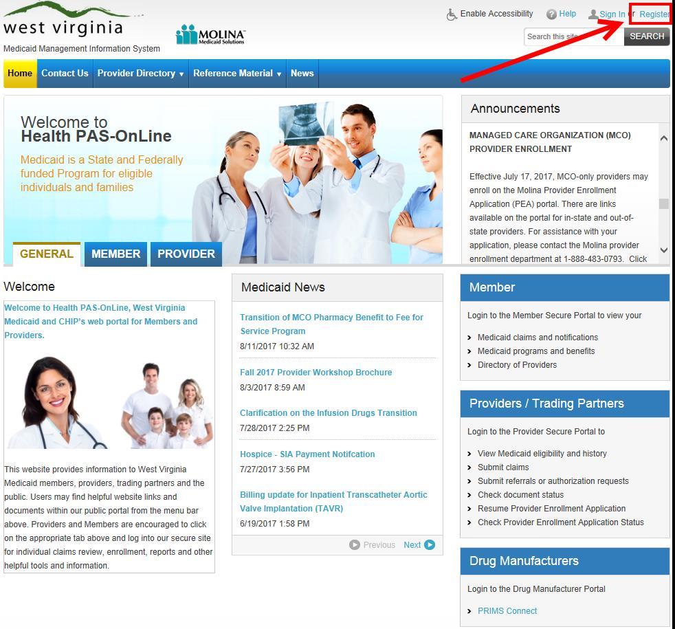 In the Health PAS-Online banner, click the Register hyperlink.