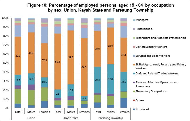 In Parsaung Township, 39.9 per cent of the employed persons aged 15-64 are skilled agricultural, forestry and fishery workers and is the highest proportion, followed by 29.