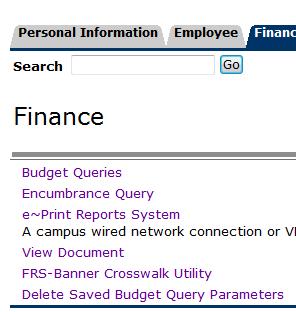 Encumbrance Queries 1. When logged into Self-Service Banner through Trailhead, click the Finance menu. 2. Click on the Encumbrance Query link. 3. Enter Values a.