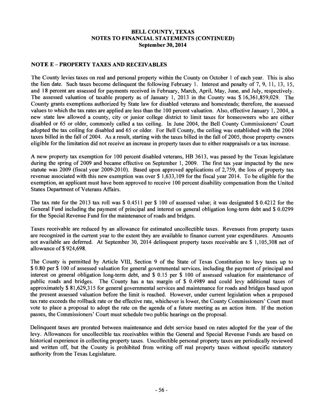 NOTES TO FINANCIAL STATEMENTS (CONTINUED) September 30,2014 NOTE E- PROPERTY TAXES AND RECEIVABLES The County levies taxes on real and personal property within the County on October 1 of each year.