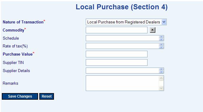 93 6. Enter Section Local Purchase Registered Dealers (Section 04) In Form 10F 1 Nature of Transaction Shows Local Purchase from Registered Dealers 2 Commodity Select commodity from the list 3