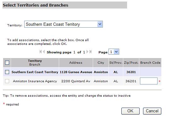 On the Select Territories and Branches screen, all territories display by default Use the Territory list to change the territory Selecting the check box in the gray header selects and deselects all