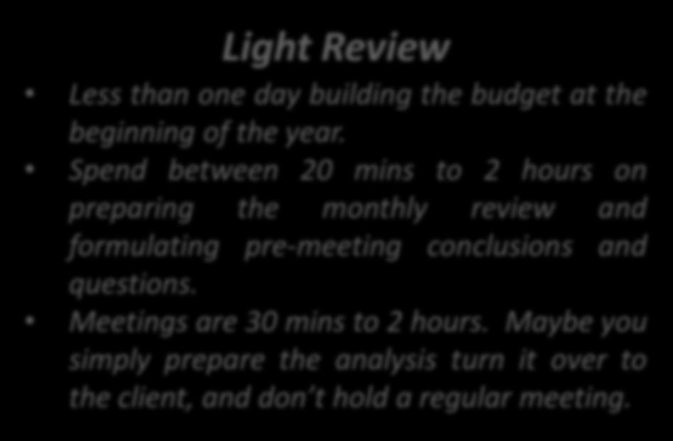 Spend between 1 to8 hours on preparing the monthly review and formulating pre-meeting conclusions and questions.