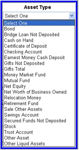 ASSETS AND LIABILITIES The options for Asset Type are listed, select the appropriate type. Retirement accounts may be utilized as an asset at 60% of the vested balance.
