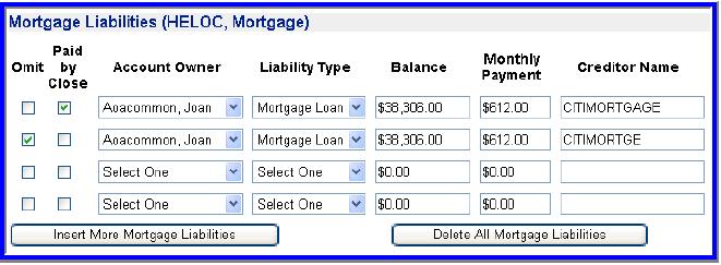 ASSETS AND LIABILITIES Mortgage Liabilities (HELOC, Mortgage) Omit if property sold prior to