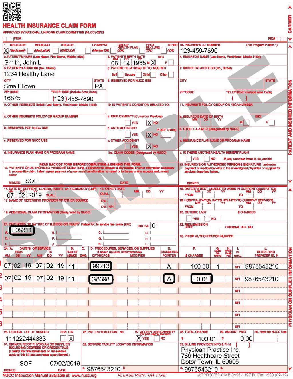 Appendix C Sample CMS 1500 Form for Quality Data Submission In the snapshot to the left, we have provided an example of an individual NPI reporting on a single CMS- 1500 claim a quality measure on