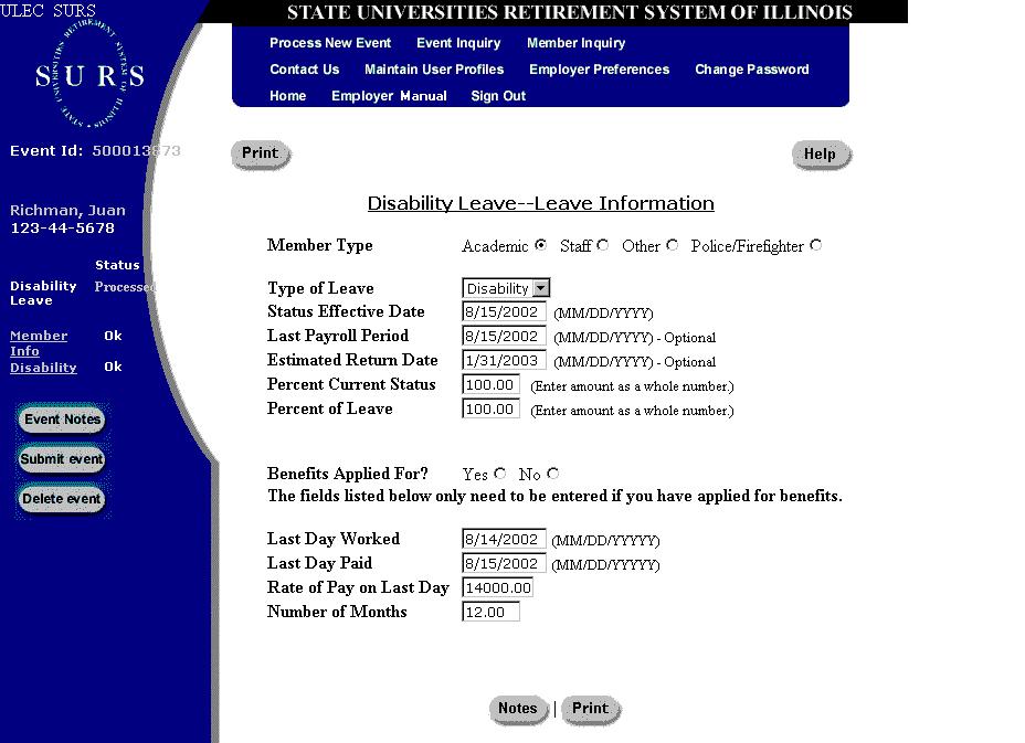 Fig. 9 1. Verify and update the Member Information screen (Membership, page 6, figure 1). 2. Select the Type of Leave from the drop down menu. 3.
