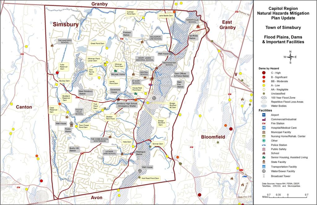 Map 49: Simsbury Flood Plains, Repetitive Loss Areas, Dams and Important
