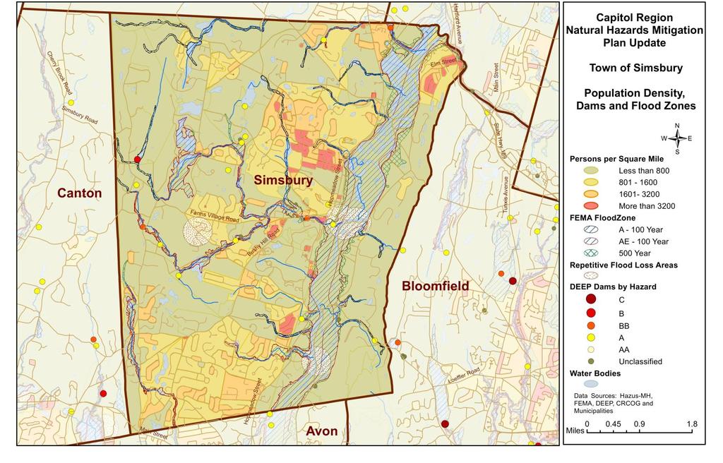 Map 48: Simsbury Population Density, Dams and Flood Zones