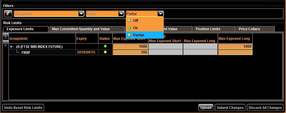 In the Status column a green light icon informs the user if the limit/s for the Instrument or Group is/are active on SOLA, in case of a Limit that includes both Long and Short components, if only one