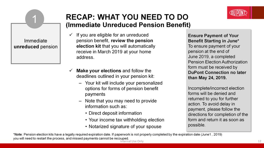 So let s take a moment to recap: If you are eligible for an unreduced pension benefit, you will automatically receive a pension election kit in March 2019 at your home address and can begin the