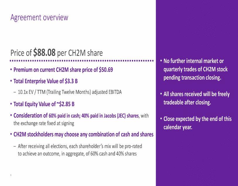 Agreement overview Price of $88.08 per CH2M share No further internal market or quarterly trades of CH2M stock pending transaction closing. Premium on current CH2M share price of $50.