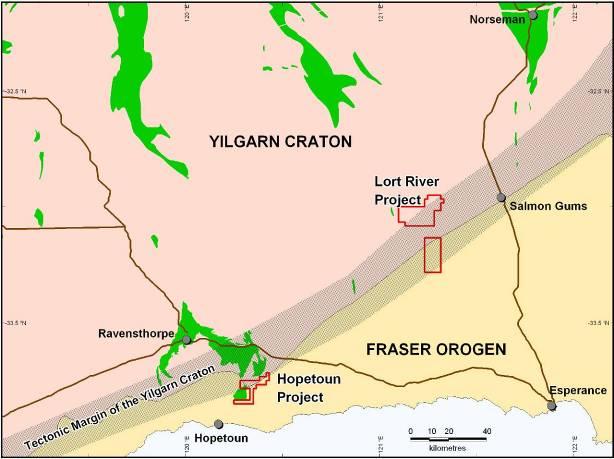 Figure 5. Geological setting of the Lort River and Hopetoun Projects.