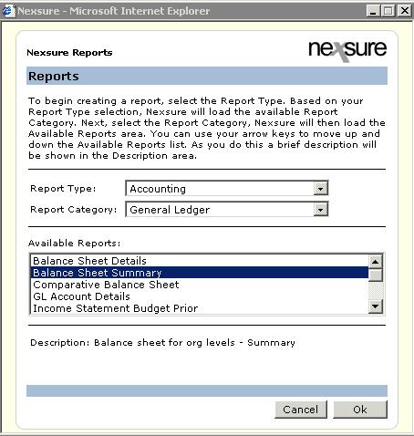 On the Primary menu, click Reports and click Reports on the Reports menu to open the Nexsure Reports dialog box 8 Run a Balance Sheet Summary report in Nexsure to verify that all balances have been
