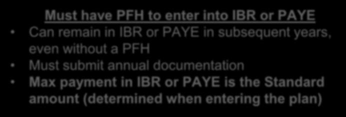 even without a PFH Must submit annual documentation Max payment in IBR or PAYE is the Standard amount