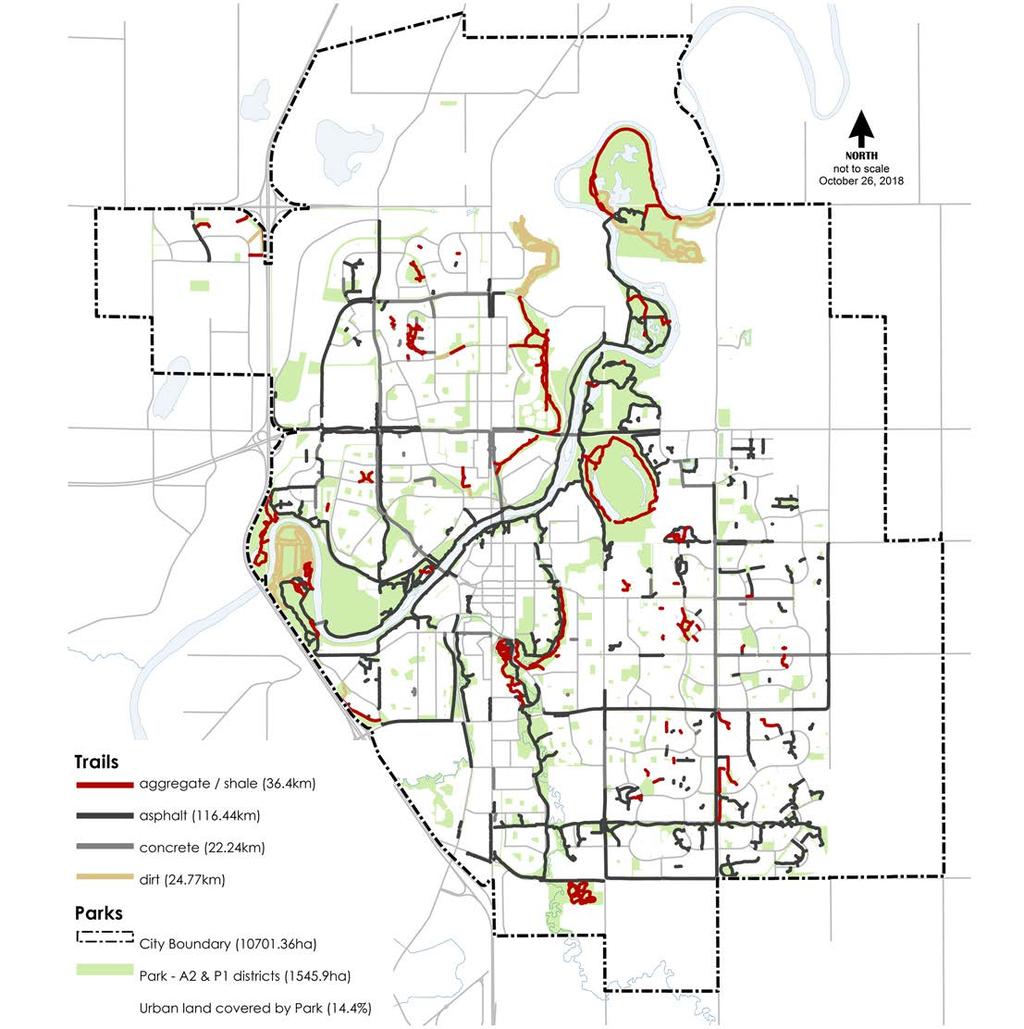 The green areas show our city s success in ensuring ample and equitable access to the Waskasoo park system and neighbourhood green spaces The various-coloured lines show