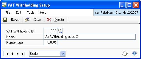 Setting up VAT withholding details Use the VAT Withholding Setup window to set up the VAT details for withholding taxes as specified in table 6 of resolution 206. To set up VAT withholding details: 1.