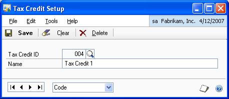 CHAPTER 1 SETUP To set up tax credit details: 1. Open the Tax Credit Setup window. (Microsoft Dynamics GP menu >> Tools >> Setup >> Company >> COA Setup >> Tax Credit Setup) 2.