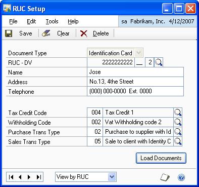 CHAPTER 1 SETUP To assign details to the tax ID: 1. Open the RUC Setup window. (Microsoft Dynamics GP menu >> Tools >> Setup >> Company >> COA Setup >> RUC) 2.