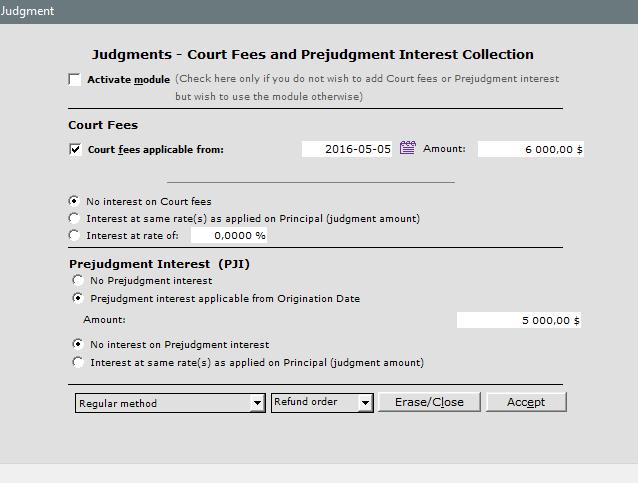 The module allows you to charge interest or not on the Court fees and on the Prejudgment interest.