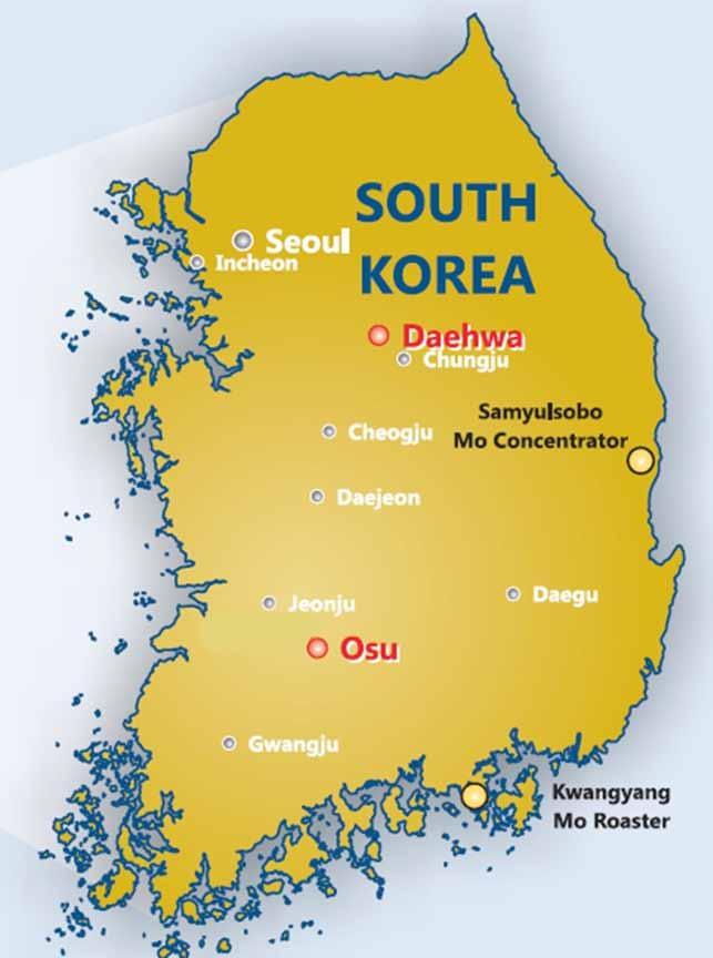 Korean Focussed Exploration/Development Moly/Tungsten D1 Daehwa (100%) - Includes historic Daehwa and Donsan Mo & W mines Recent Diamond drilling confirmed high-grade moly