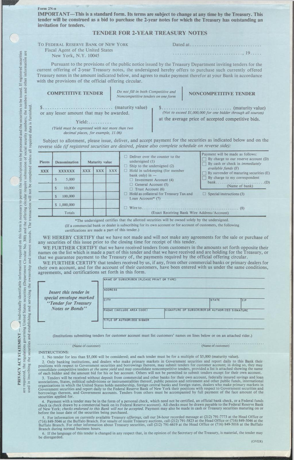 Form 2N-n IMPORTANT This is a standard form. Its terms are subject to change at any time by the Treasury.