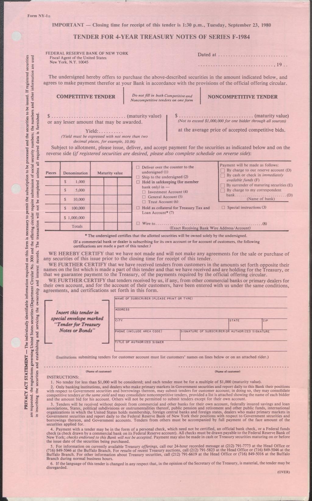 Form NY-ln IM PO R T A N T Closing time for receipt of this tender is 1:30 p.m., Tuesday, Septem ber 23, 1980 T E N D E R E O R 4 -Y E A R T R E A S U R Y N O T E S O F S E R IE S F -1984 PRIVACY ACT