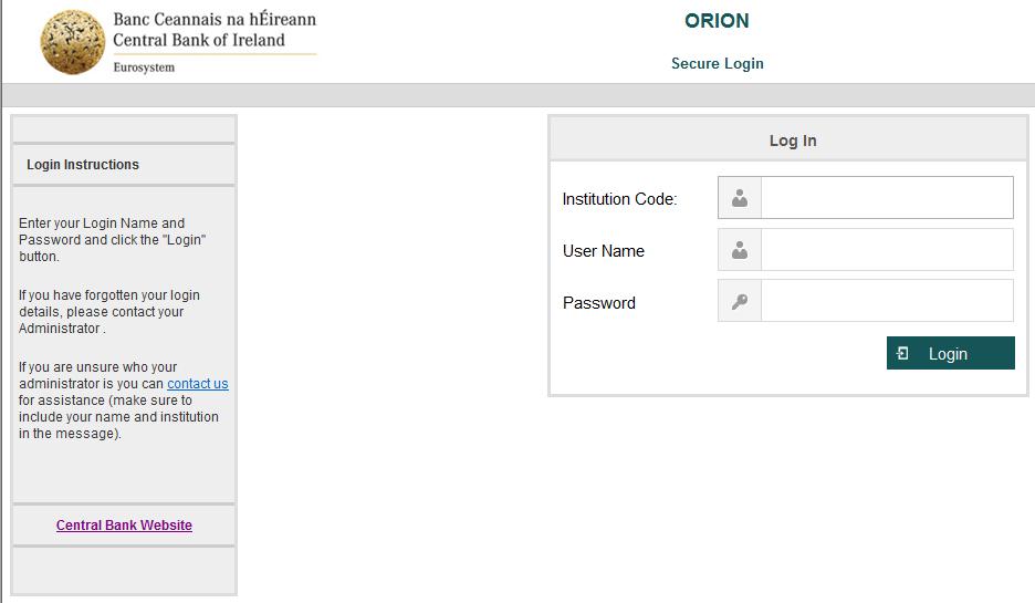 Login Page Logging into ORION will require: 1) Institution Code 2) User Name 3) Password emailed to user 4) Pin