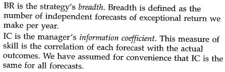Fundamental Law of Active Management Define the strategy s breath (BR) and the information coefficient (IC) The sources of the IR are described by the fundamental