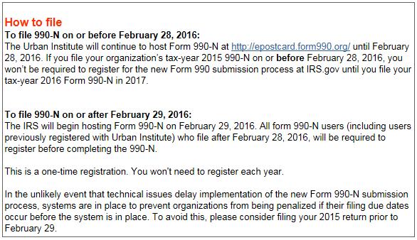 CLUB LEADER INFORMATION If you are filing by February 28, 2016, follow the instructions below: o Click on the link for the Urban Institute: http://epostcard.form990.