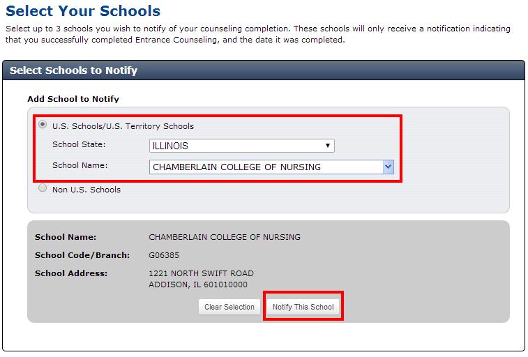 Step 6: Choose Illinois for the school state and Chamberlain College of Nursing