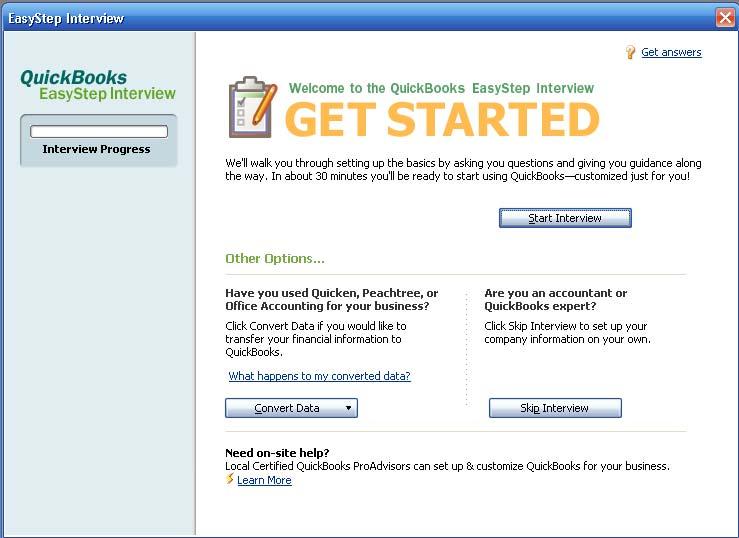 Choose Create a new Company file Click on Start Interview to set-up your QuickBooks.