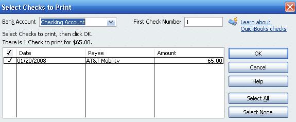 QuickBooks Basics Print Checks If the To be printed box was selected, choose