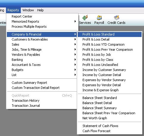 QuickBooks Reports Profit & Loss To generate a Profit & Loss report, choose Company & Financial from the Reports menu.