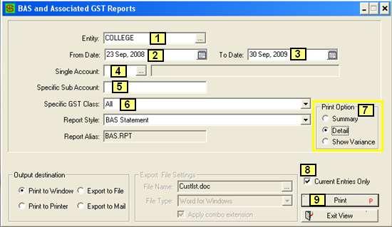 GST Reports Path: General Ledger GST Reports When you run a GST Report all Current Entries will be included; Those entries not included in a previous return Any entries dated prior to the GST