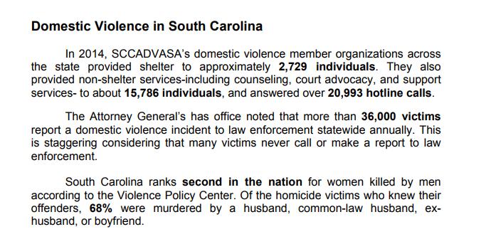 SC Domestic Violence Statistics Cherokee County 2012 Number Rank* Among 46 Counties Domestic violence victimization total 439 30 Domestic violence victimization rate** 78.