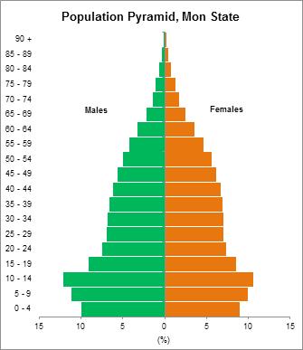Figure 3: Population pyramid (Union, Mon State, Mawlamyine District and Khawzar Sub-Township) The birth rate has been noticeably declining in Khawzar Sub-Township since the last 10 years.