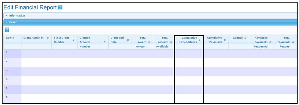 Enter Cumulative Expenditures through the reporting end date for each grant. STGMS will automatically calculate the amount due in the Balance column.