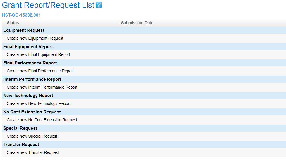 B. Report/Request List This section shows report and request options based on privileges. Click on the Create new row to prepare and/or submit a report or request.