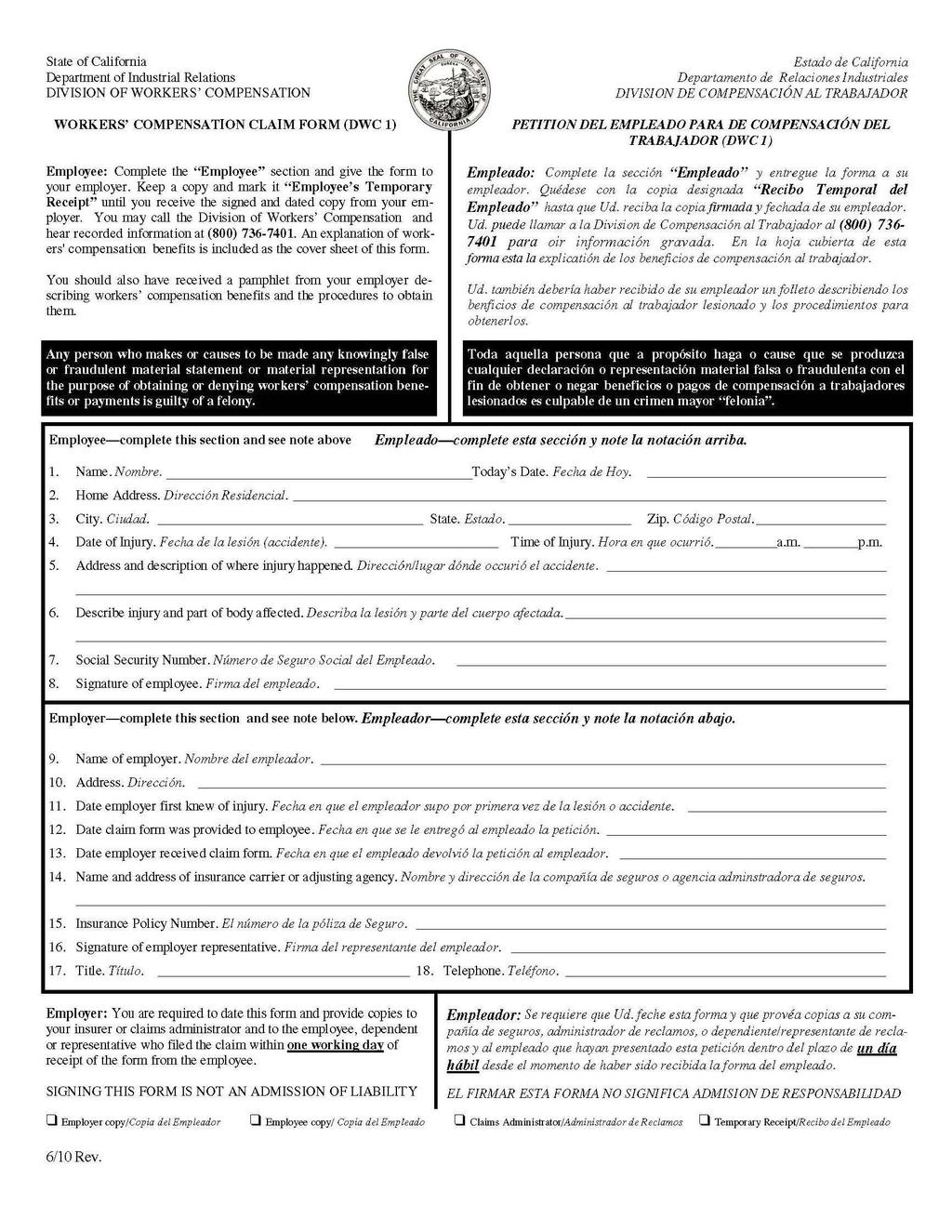 Rolling Claim Form B: California Employer s Report