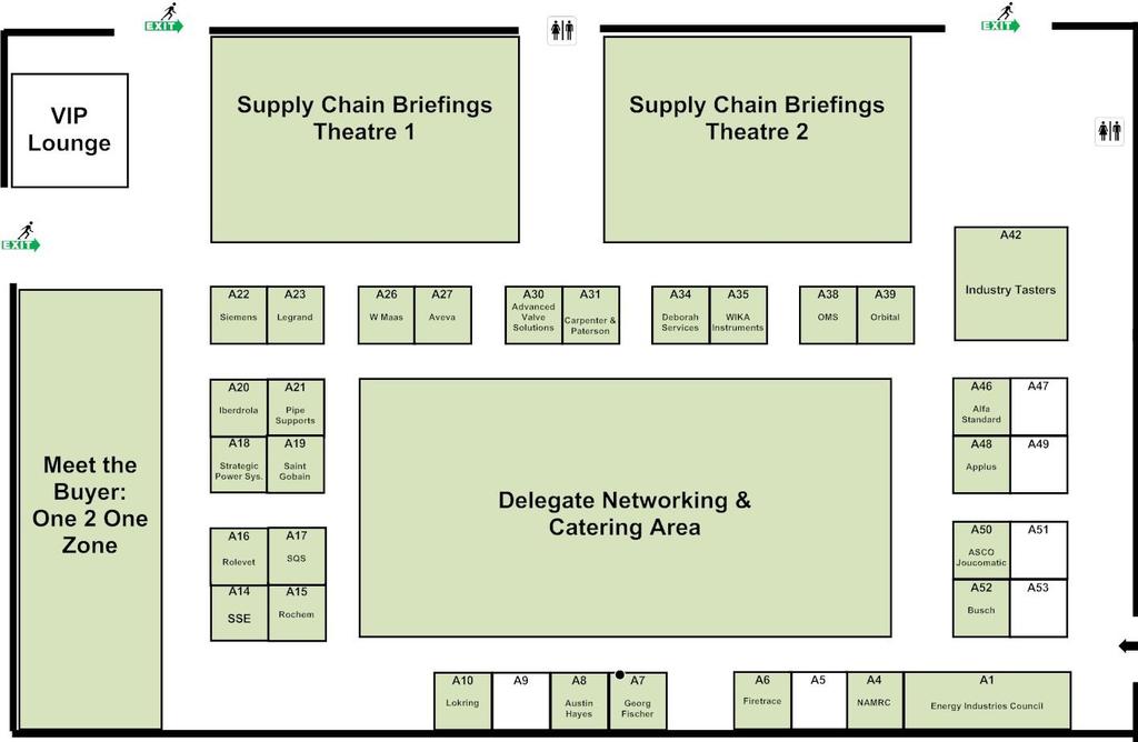 Exhibition Floor Plan Exhibiting - choose your location & stand type: The main entrance from the registration area and conference foyer is opposite stands A1 and A53.