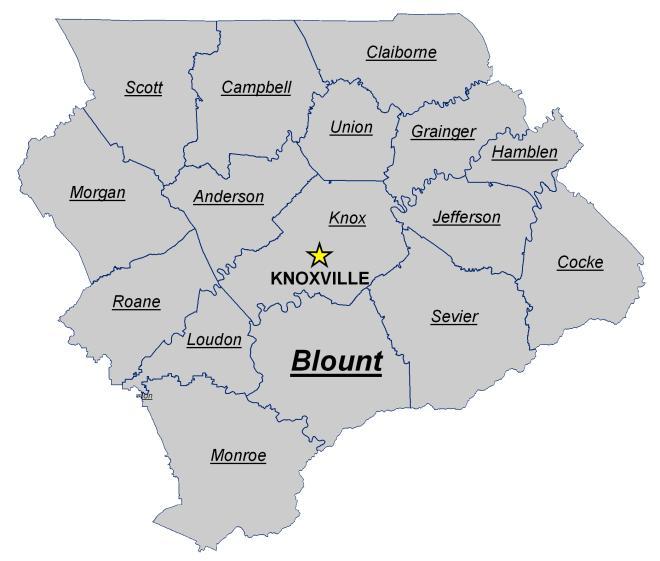 The county is also part of the urbanized, metropolitan area associated with the City of Knoxville and Knox County to the north.