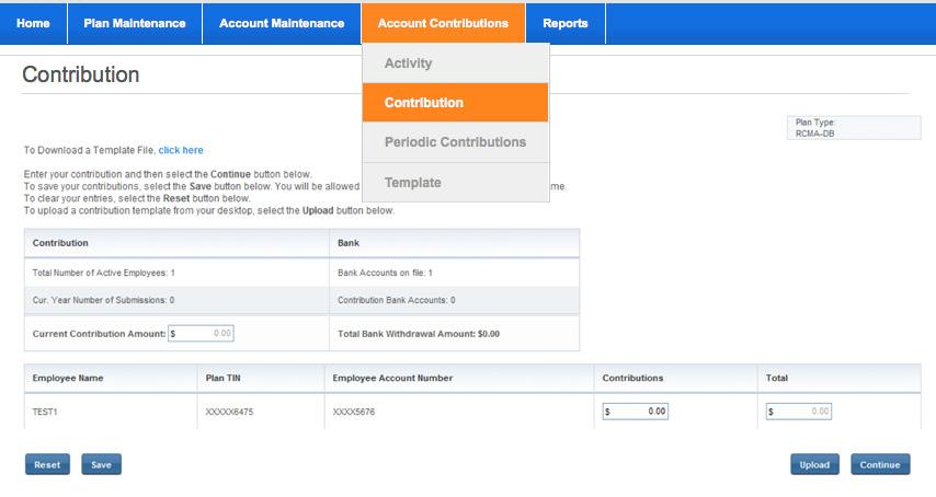 Enter the information directly to the E-Contribs website Go to the Account Contributions tab and click on the Contribution tab.